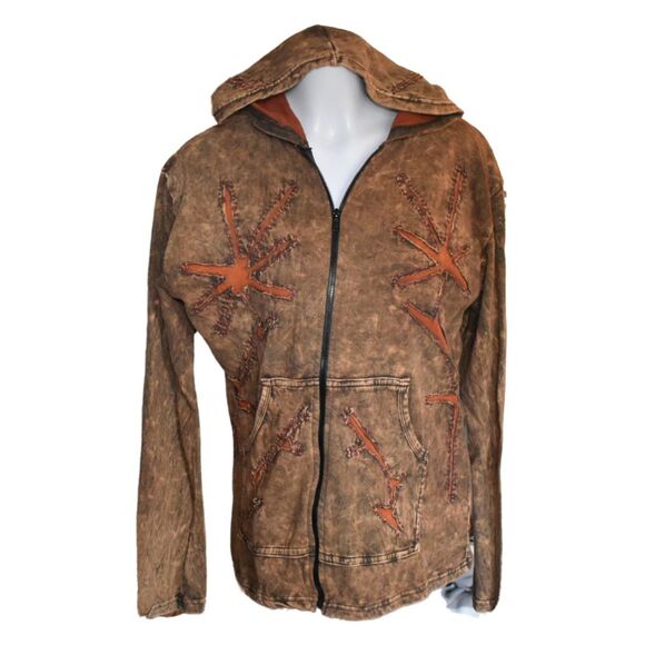 Made in Nepal Hooded Jacket Brown Orange Boho Slim Fit XXL - Picture 1 of 6